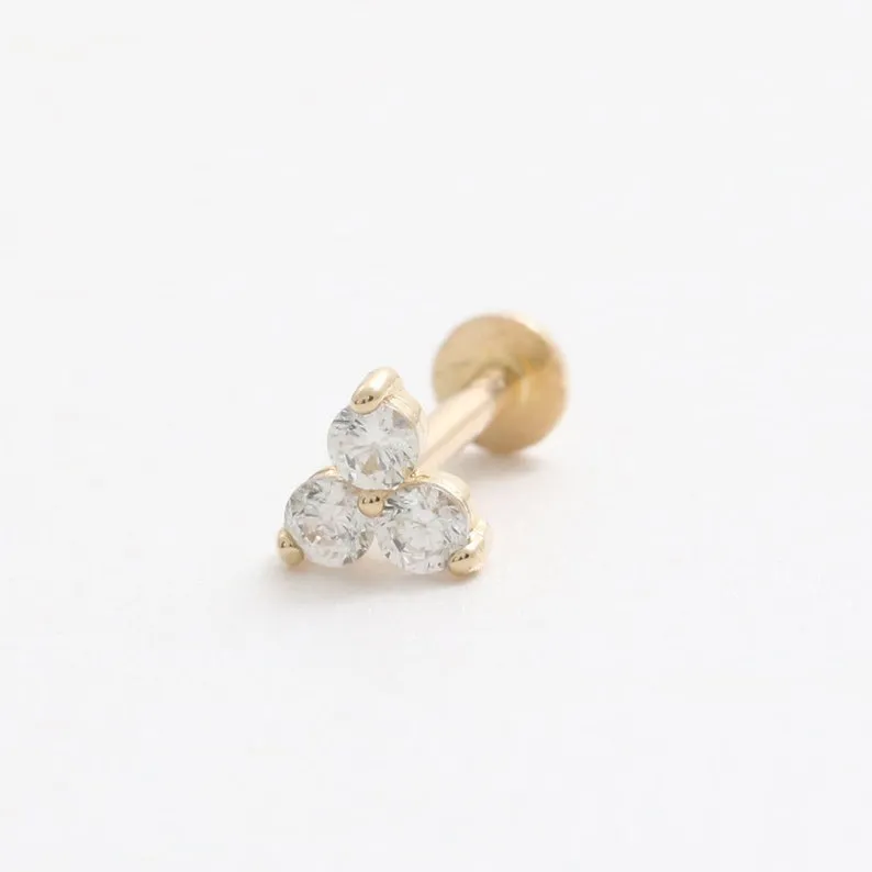 14K Gold 1.8mm Triangle Trinity Helix Cartilage Tragus Conch Internally Threaded Flat Back Earring Labret