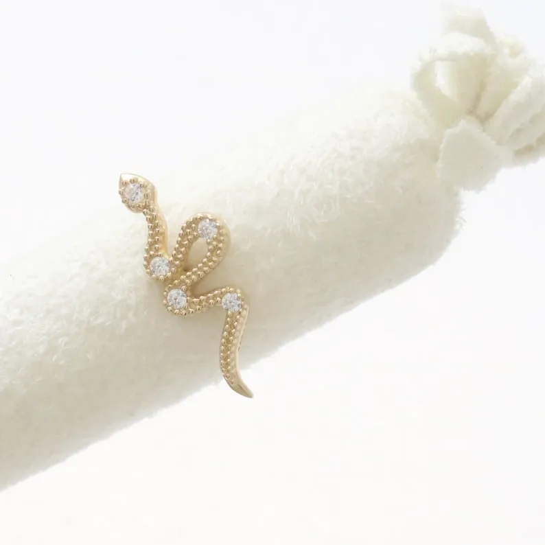 14K Gold CZ, Moissanite, Lab or Genuine Diamond Crawling Snake Internally Threaded Flat Back Earring Labret