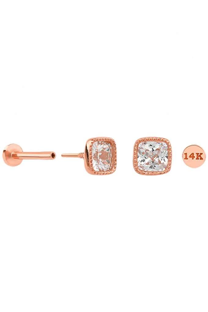 14k Gold Cz Princess Cut Square Helix Cartilage Internally Threaded Flat Back Earring Labret Stud