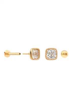 14k Gold Cz Princess Cut Square Helix Cartilage Internally Threaded Flat Back Earring Labret Stud