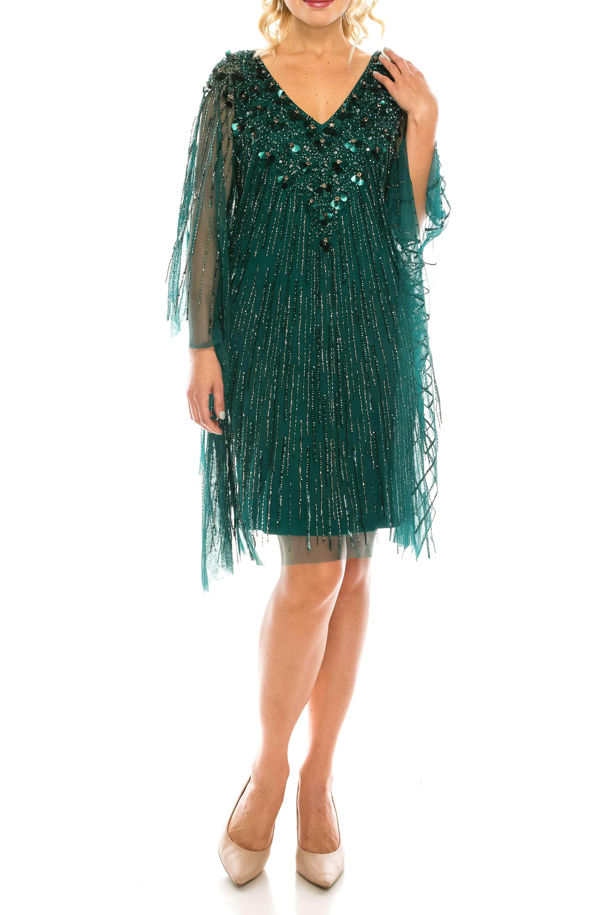 Adrianna Papell AP1E205532 - Fringed Batwing Sleeved Short Dress