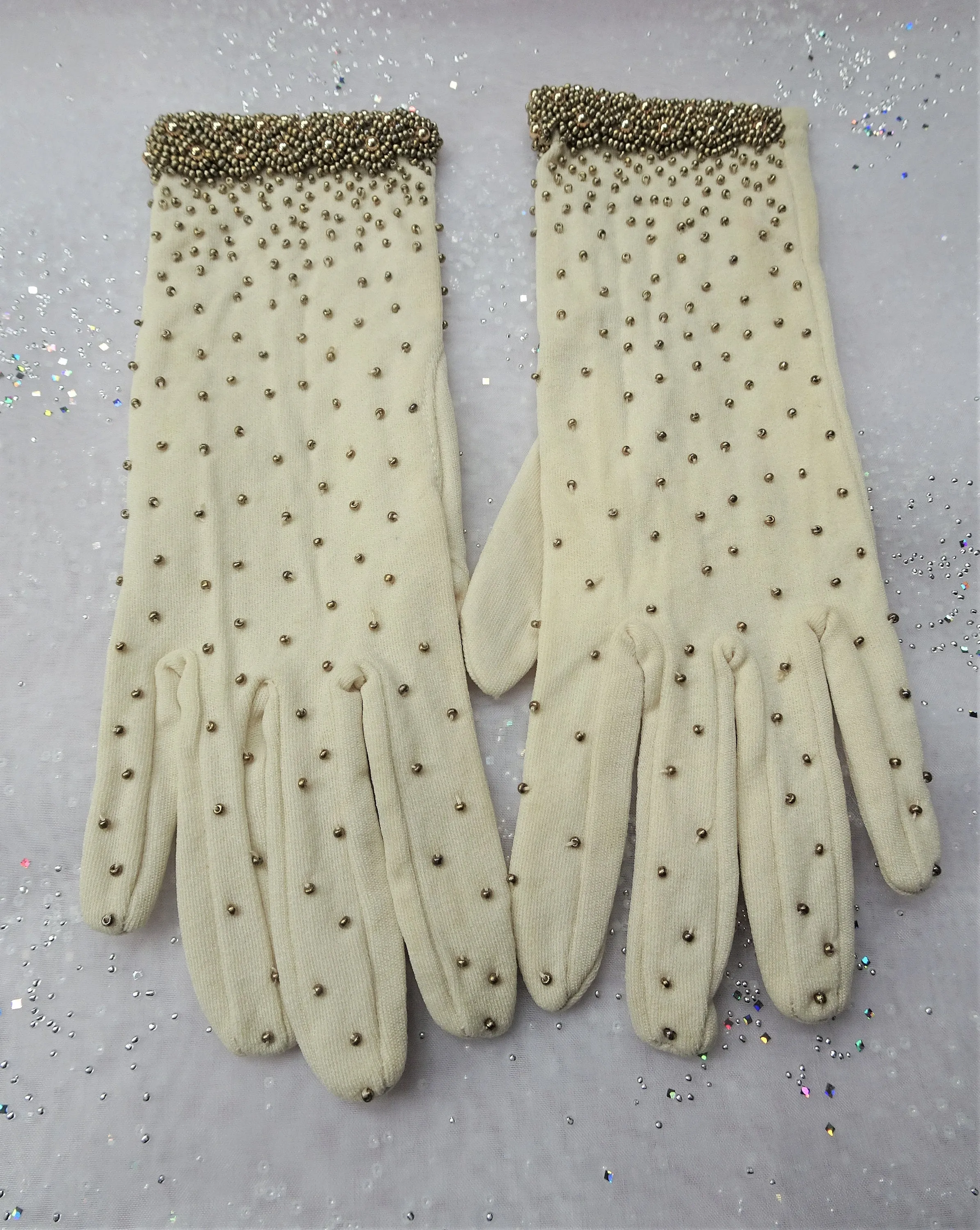 BEAUTIFUL Vintage Hand Beaded Gloves,Evening Party,Wedding Gloves Bronze Beaded,Made in British Hong Kong Collectible Vintage Cl