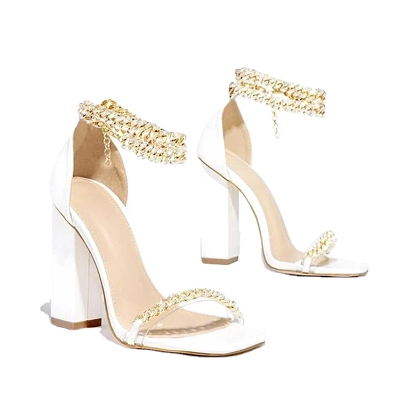 Chunky High Heels Lady Pumps Summer Women Sandals Golden Chain Embellished High Heels Female