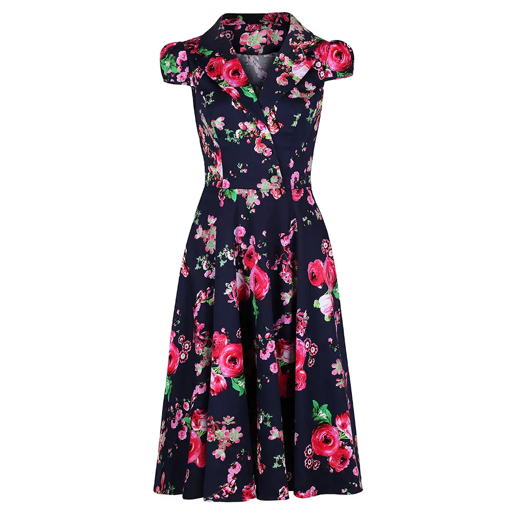 Classic Navy Blue and Floral Print Pin Up 50s Swing Tea Dress