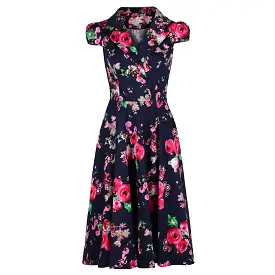 Classic Navy Blue and Floral Print Pin Up 50s Swing Tea Dress