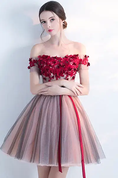 Off Shoulder Short/Mini Cocktail Dresses With Flower Lace-up Homecoming Dresses