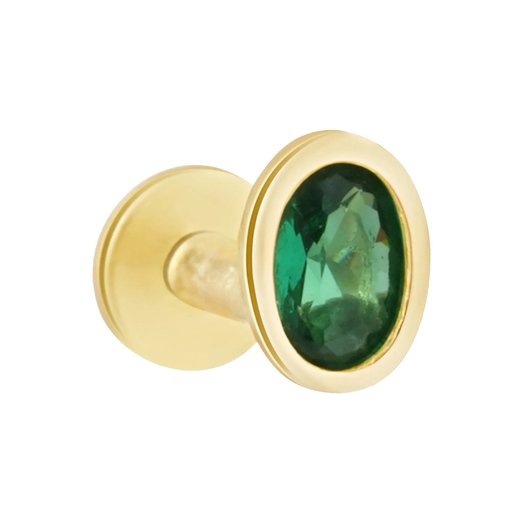 Oval Emerald Flat Back Earring in Bezel Set Solid 14k Yellow Gold