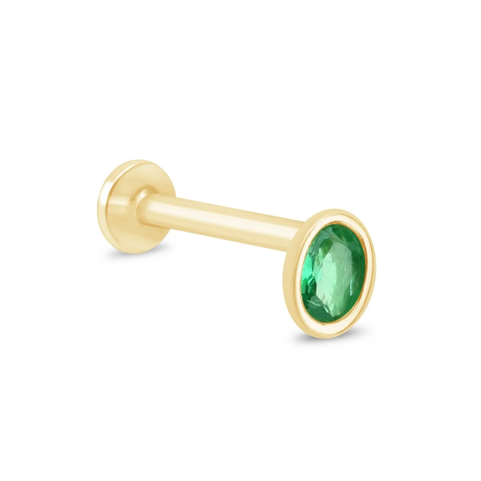 Oval Emerald Flat Back Earring in Bezel Set Solid 14k Yellow Gold