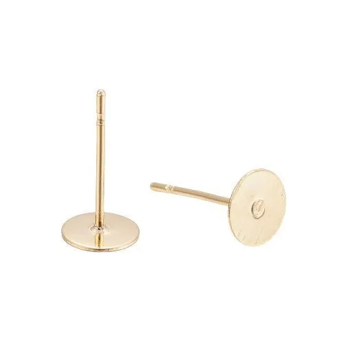 Stud Earring Findings, 304 Stainless Steel, Flat Round, Glue-On Earring Posts, Golden, 10x12mm