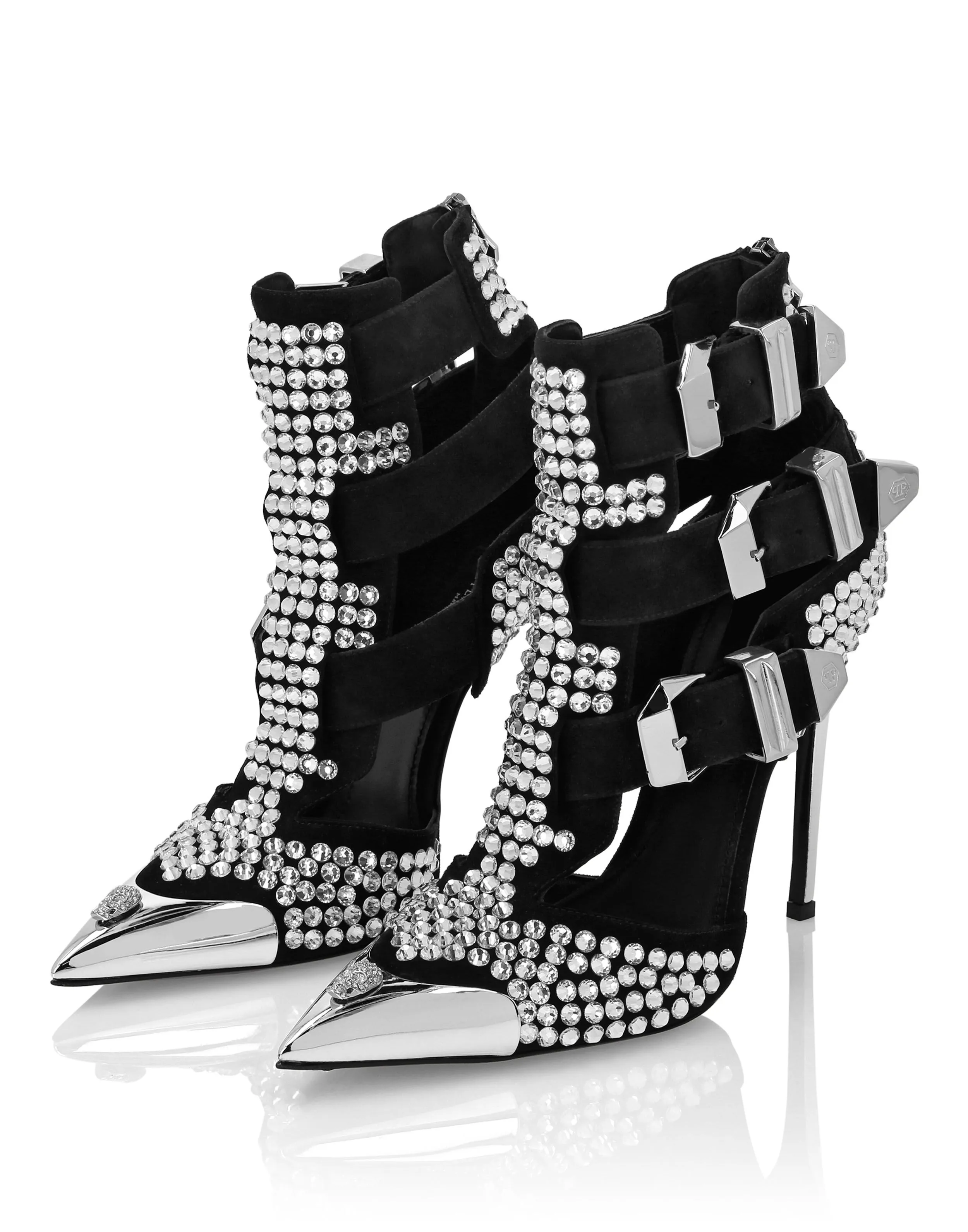 Suede Strass Sandals High Heels Skull