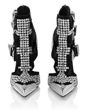 Suede Strass Sandals High Heels Skull