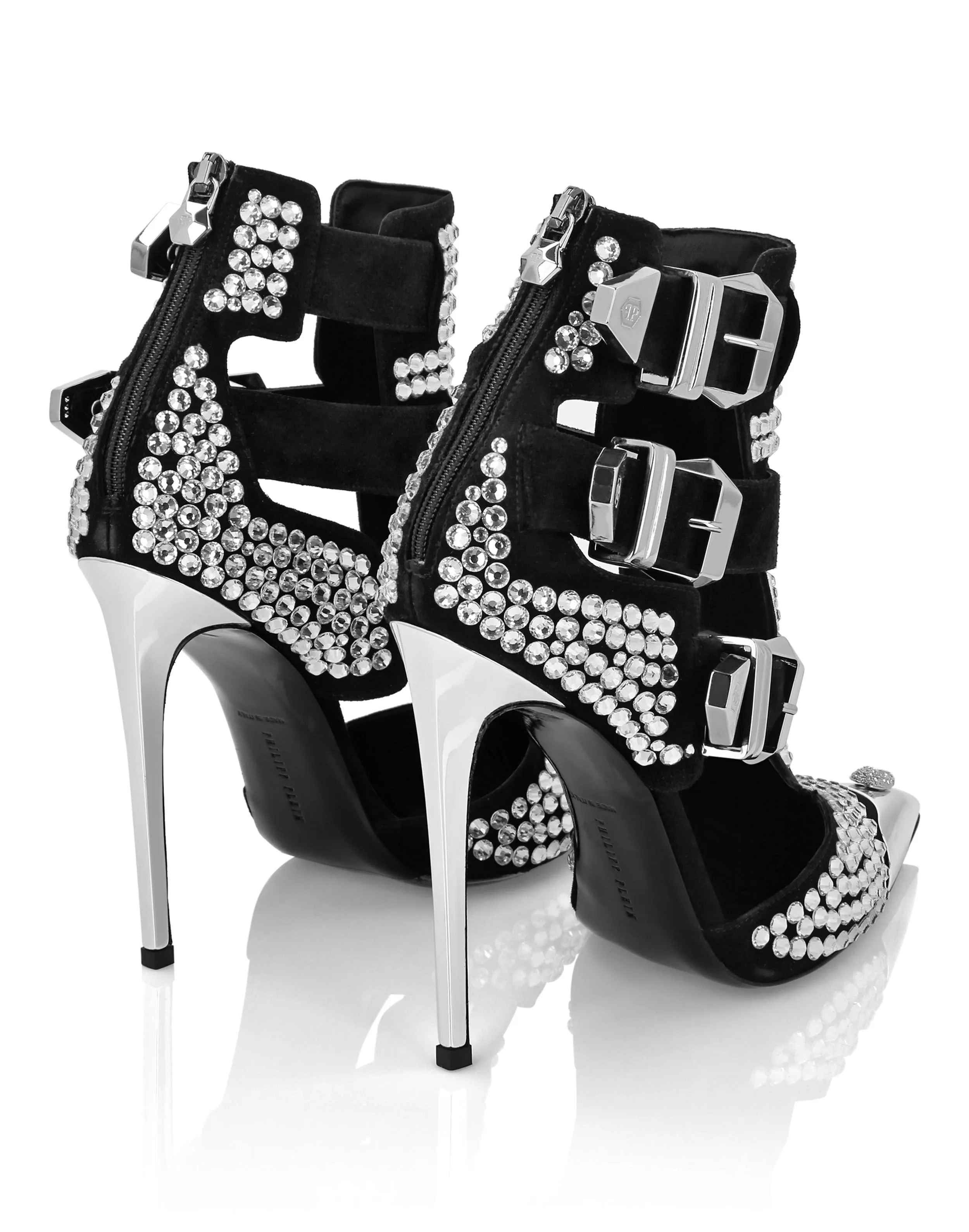 Suede Strass Sandals High Heels Skull