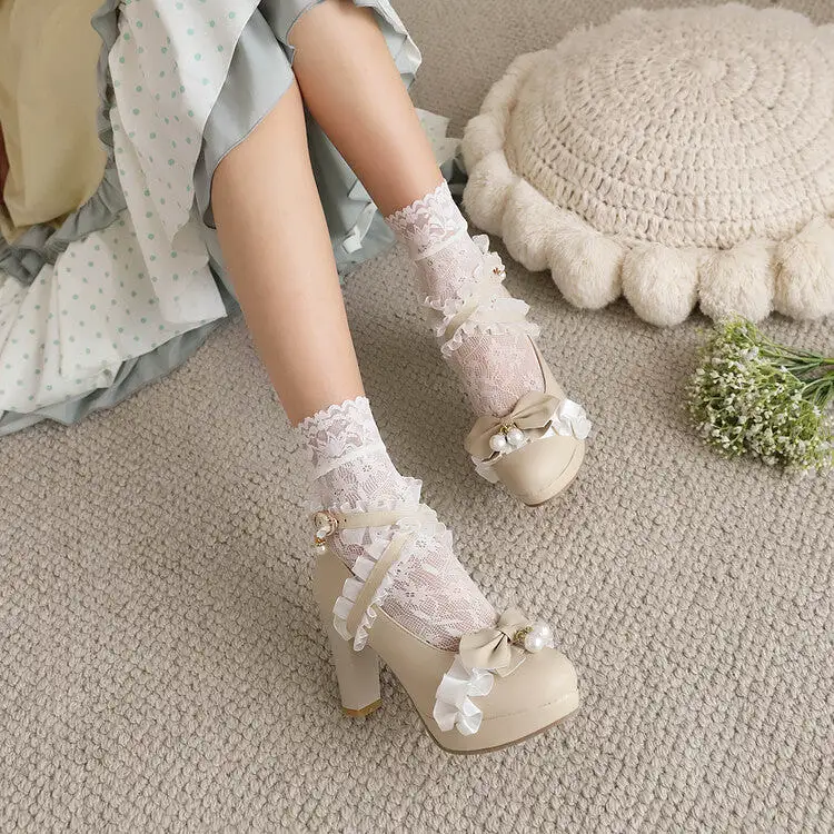 Women's Almond Toe Lace Bow Tie Pearls Chunky Heel Platform Pumps