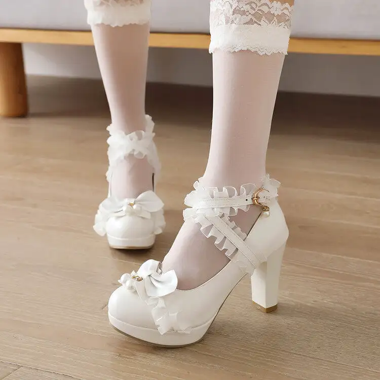 Women's Almond Toe Lace Bow Tie Pearls Chunky Heel Platform Pumps