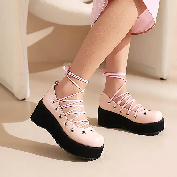 Women's Crossed Tied Straps Wedge Heel Platform Pumps