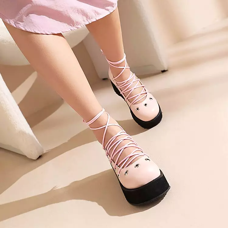 Women's Crossed Tied Straps Wedge Heel Platform Pumps