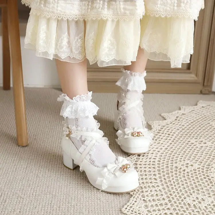 Women's Lace Bow Tie Pearls Chunky Heel Platform Pumps