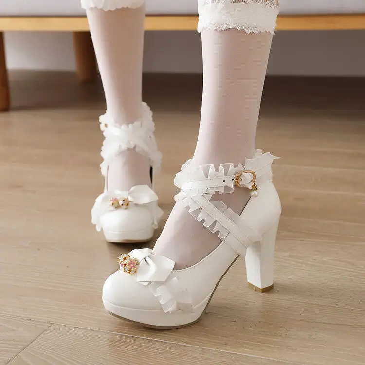 Women's Lace Bow Tie Pearls Chunky Heel Platform Pumps