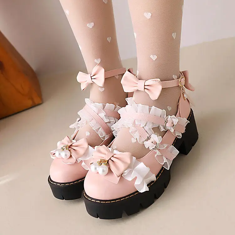 Women's Lace Bow Tie Pearls Chunky Heel Platform Pumps