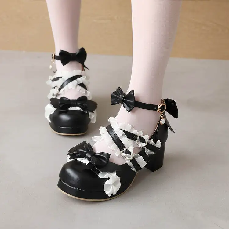 Women's Lace Bow Tie Pearls Chunky Heel Platform Pumps