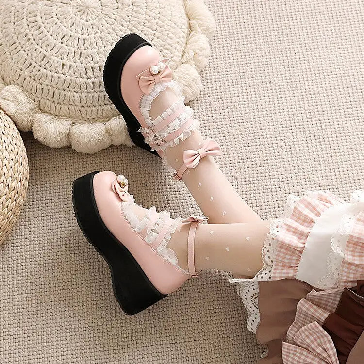 Women's Lace Bow Tie Pearls Wedge Heel Platform Pumps