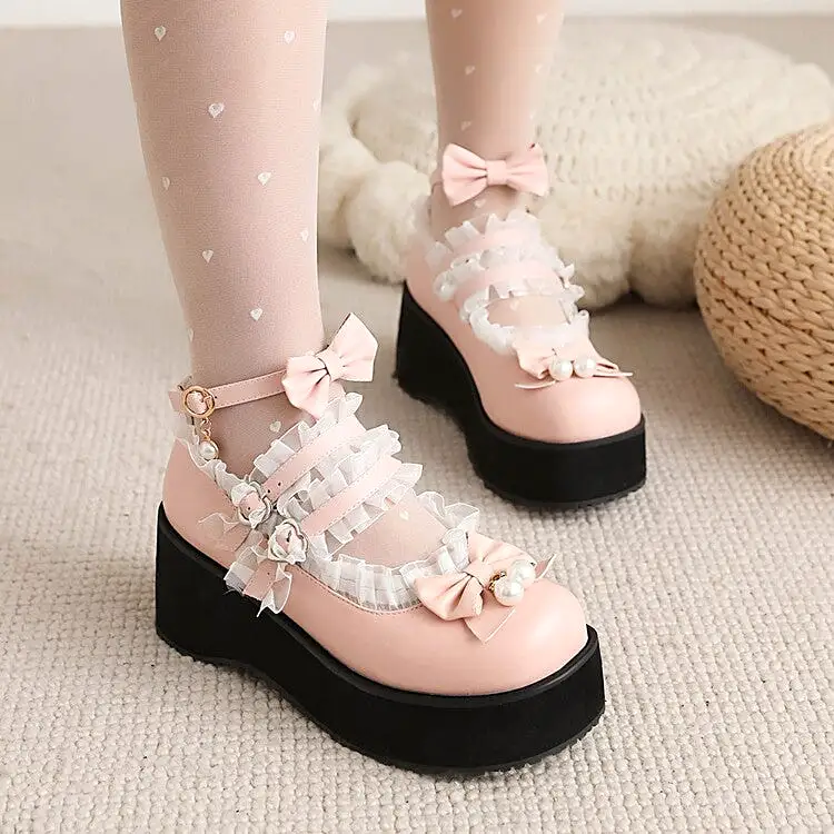 Women's Lace Bow Tie Pearls Wedge Heel Platform Pumps