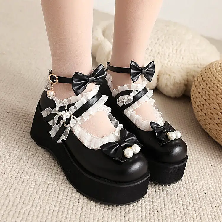 Women's Lace Bow Tie Pearls Wedge Heel Platform Pumps