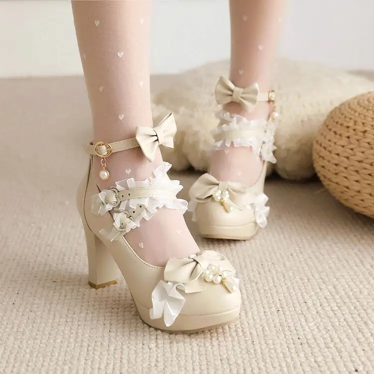 Women's Lolita Almond Toe Lace Bow Tie Pearls Chunky Heel Platform Pumps