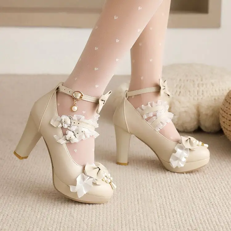 Women's Lolita Almond Toe Lace Bow Tie Pearls Chunky Heel Platform Pumps