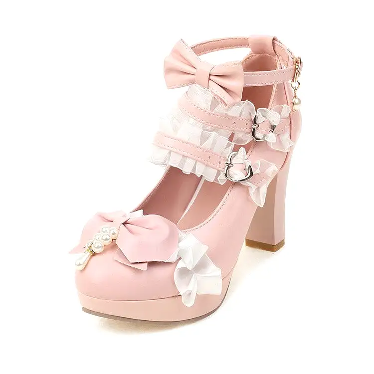 Women's Lolita Almond Toe Lace Bow Tie Pearls Chunky Heel Platform Pumps