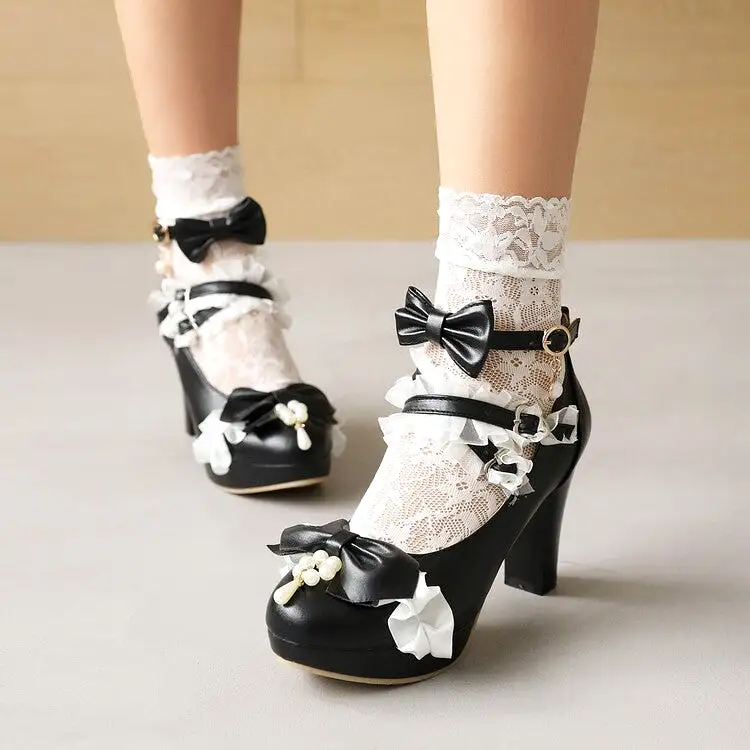 Women's Lolita Almond Toe Lace Bow Tie Pearls Chunky Heel Platform Pumps