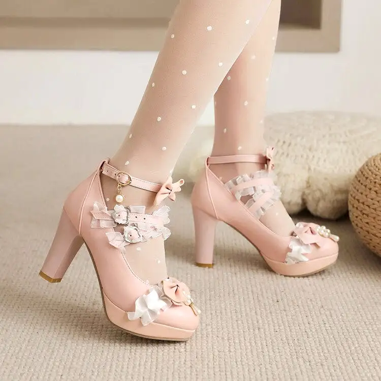 Women's Lolita Almond Toe Lace Bow Tie Pearls Chunky Heel Platform Pumps