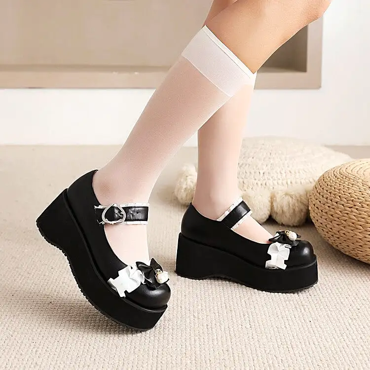 Women's Lolita Bow Tie Mary Janes Wedge Heel Platform Pumps