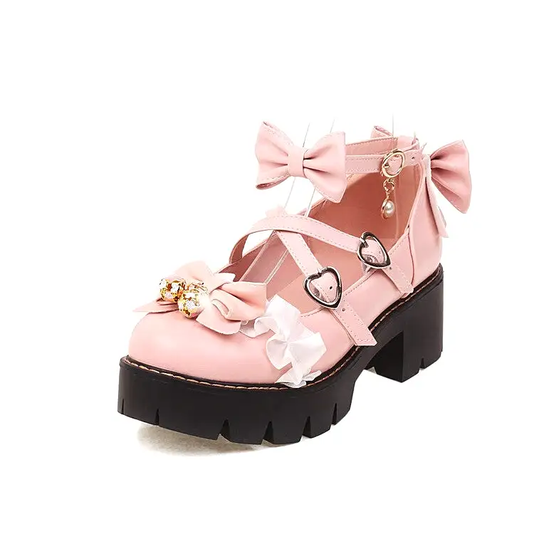 Women's Lolita Lace Bow Tie Chunky Heel Platform Pumps