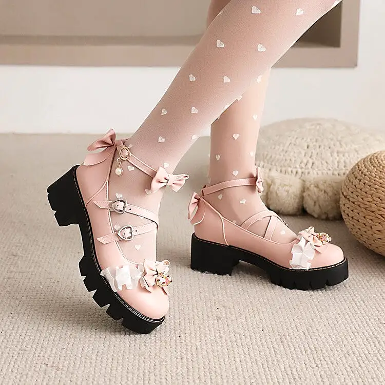 Women's Lolita Lace Bow Tie Chunky Heel Platform Pumps