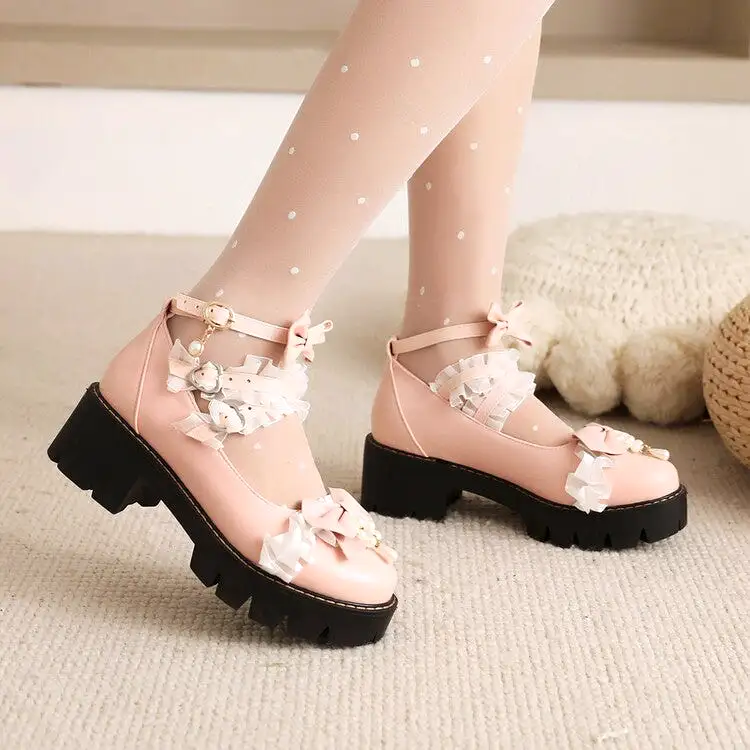 Women's Lolita Lace Bow Tie Pearls Chunky Heel Platform Pumps