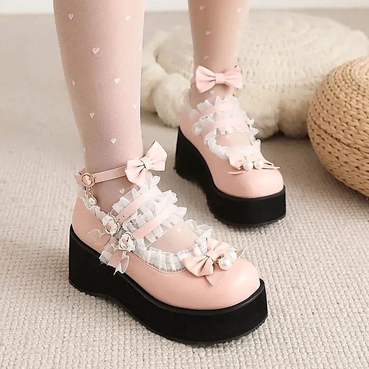 Women's Lolita Lace Bow Tie Pearls Wedge Heel Platform Pumps