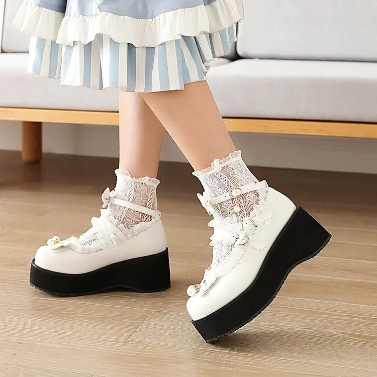 Women's Lolita Lace Bow Tie Pearls Wedge Heel Platform Pumps