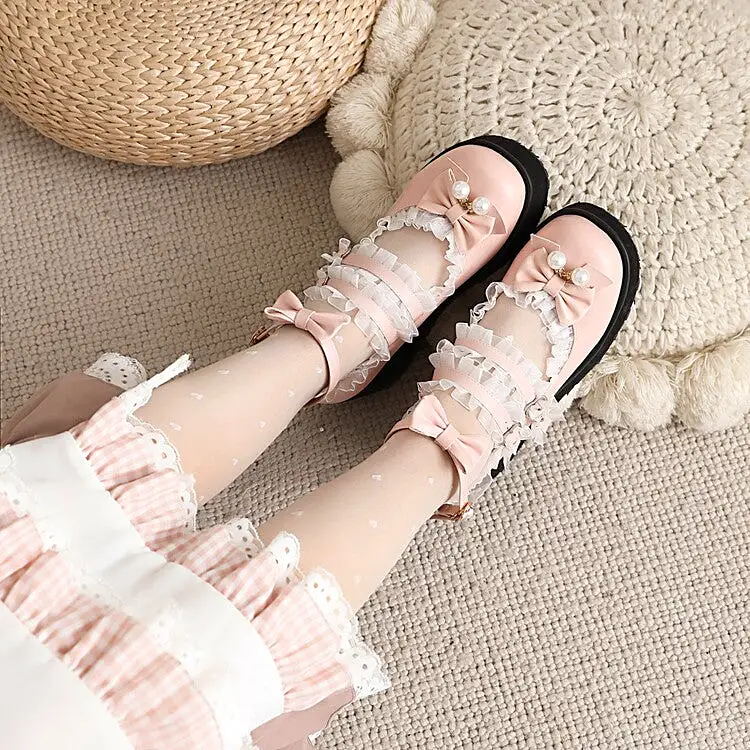 Women's Lolita Lace Bow Tie Pearls Wedge Heel Platform Pumps