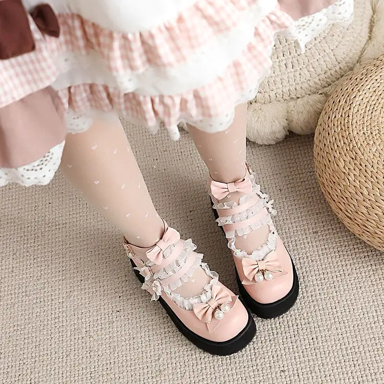 Women's Lolita Lace Bow Tie Pearls Wedge Heel Platform Pumps