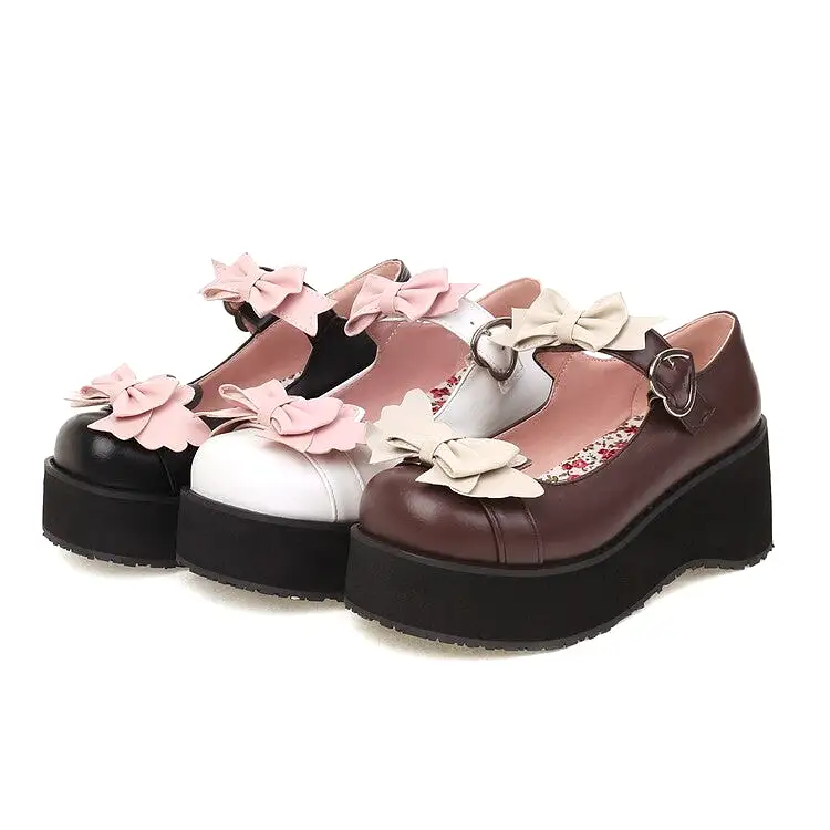 Women's Lolita Round Toe Bow Tie Wedge Heel Platform Pumps