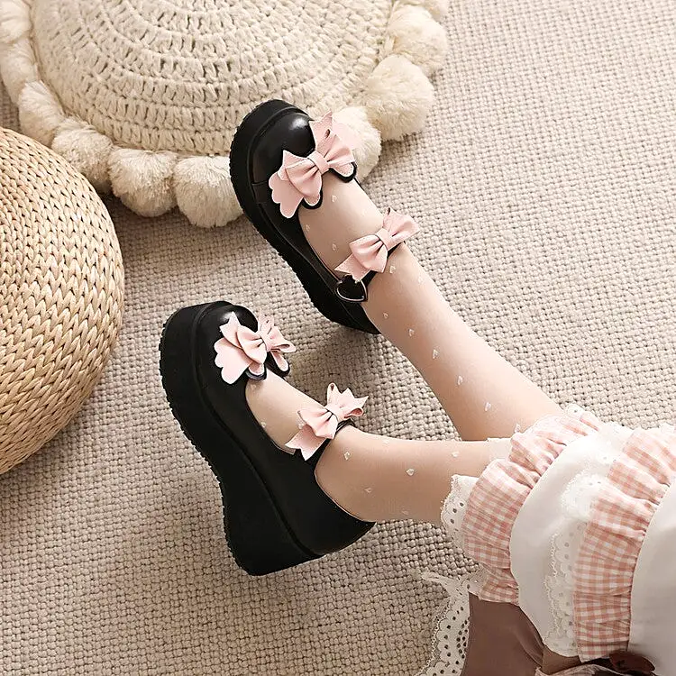 Women's Lolita Round Toe Bow Tie Wedge Heel Platform Pumps