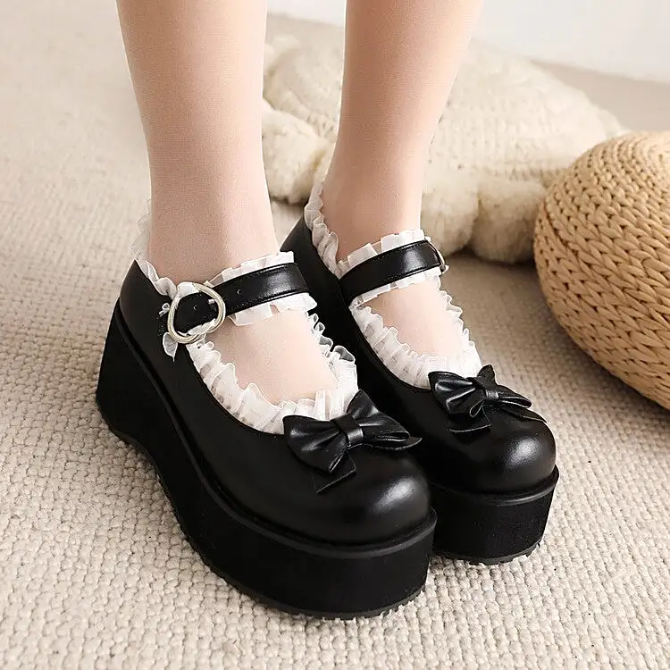 Women's Lolita Round Toe Lace Bow Tie Wedge Heel Platform Pumps