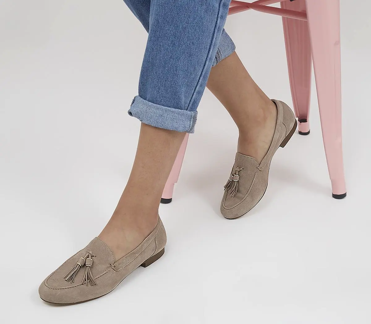 Womens Office Flick Retro Tassle Loafers Taupe Suede