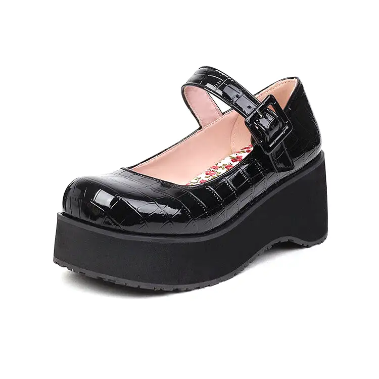 Women's Round Toe Mary Janes Buckle Straps Wedge Heel Platform Pumps