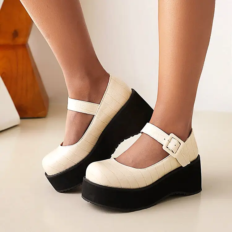 Women's Round Toe Mary Janes Buckle Straps Wedge Heel Platform Pumps